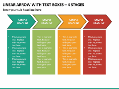 Linear arrow with text boxes - 4 stages PPT slide 2
