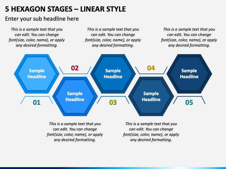 5 Hexagon Stages - Linear Style PPT Slide 1